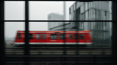 A vibrant red train moves swiftly along the tracks, set against a backdrop of modern urban buildings on a cloudy day, showcasing dynamic city life.の素材