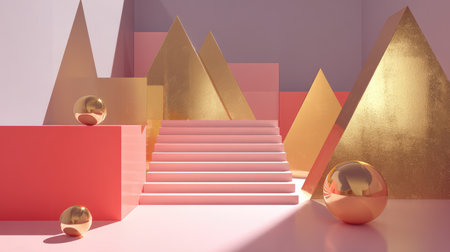 This captivating modern abstract scene features golden pyramids and pastel shapes, showcasing a blend of elegance and contemporary design in a visually striking setting.の素材