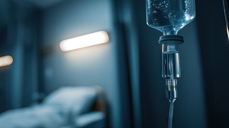 A close-up view of an IV drip in a hospital room, showcasing the clear fluids entering a sterile tube. The softly lit environment highlights patient comfort and care.の素材