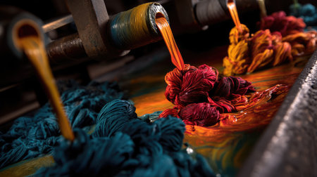 A captivating image showcasing vibrant dye streams flowing into a textile workshop, highlighting the intricate textures and colors of the yarn. Perfect for illustrating the art of dyeing and textile production.の素材