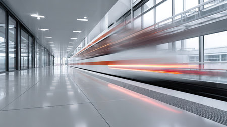 A dynamic view of a speeding train blurring through a modern railway station, showcasing sleek glass architecture and polished floors, emphasizing urban transit.の素材