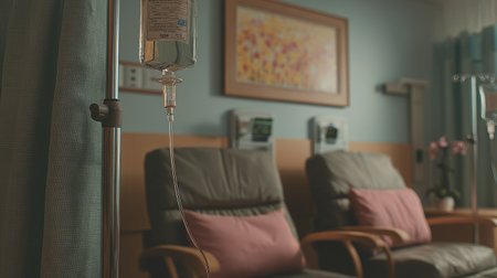 This image portrays a cozy hospital room with an IV drip, comfortable chairs, and cheerful artwork, embodying a healing environment for patients.の素材