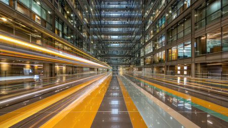 Captivating interior view of a contemporary urban office building, showcasing sleek glass facades and vibrant flooring patterns with dynamic light trails.の素材