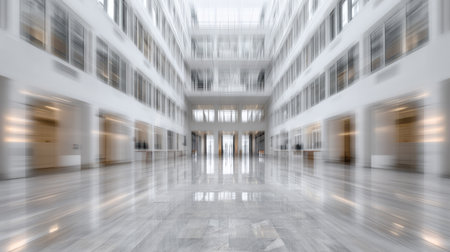 Bright and spacious interior of a modern hall featuring elegant marble flooring, large windows, and a minimalist design perfect for commercial spaces.の素材