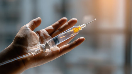 A close-up view of a hand holding a medical syringe containing yellow liquid, symbolizing healthcare, treatment, and medical procedures in a bright environment.の素材