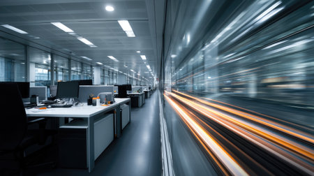 This image features a modern office interior showcasing sleek furniture and dynamic motion blur, illustrating a vibrant workspace atmosphere.の素材