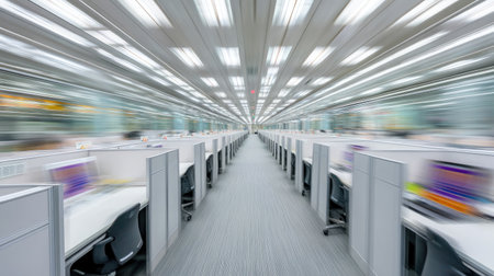 This image showcases a modern office environment filled with rows of cubicles, featuring a unique blurred motion effect. The design emphasizes productivity and tranquility.の素材