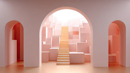 A serene and minimalist interior showcasing a staircase and geometric shapes, bathed in soft natural light, perfect for creative concepts and artistic projects.の素材