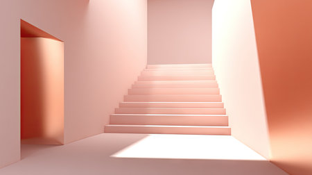 A serene interior scene featuring a minimal staircase bathed in soft peach light. The design emphasizes tranquility and modern aesthetics, perfect for various creative uses.の素材