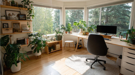 Bright and cozy home office featuring a modern desk, comfortable chair, and an array of lush indoor plants. Natural light fills the space, creating a serene and inspiring atmosphere for work and creativity.の素材