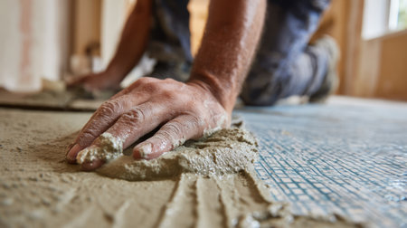 A close-up view of a hand spreading cement mortar on a floor surface during a home renovation project, highlighting the meticulous work involved.の素材