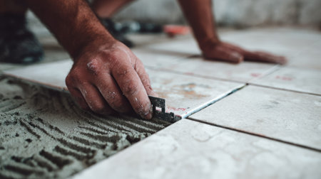 A skilled craftsman is seen focused on laying tiles with precision and care during a home renovation project, showcasing intricate details and techniques.の素材