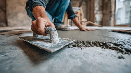 A skilled craftsman uses a trowel to smooth freshly laid concrete on a construction site. The focus is on the hands and tools, highlighting the precision required in renovation and home improvement tasks.の素材