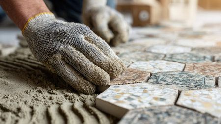 A close-up view of a skilled craftsman laying decorative hexagon tiles on a floor, showcasing attention to detail and the use of protective gloves in a renovation project.の素材