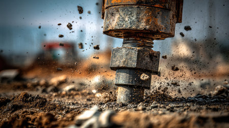 Captured close-up of a heavy machinery drill bit operating at a construction site, creating dust and debris as it penetrates the ground, showcasing industrial power.の素材
