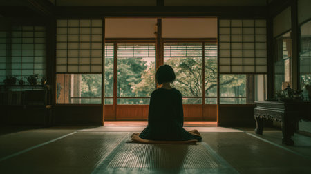 A serene woman sits in meditation within a traditional Japanese room, surrounded by natural light, offering a peaceful view of a tranquil garden outside.の素材