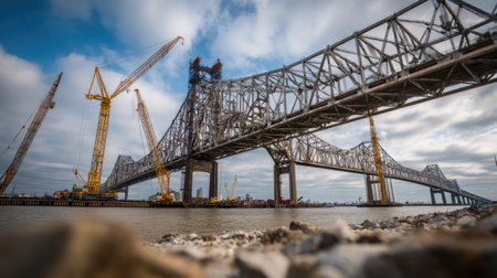 A dynamic scene of a large bridge construction over water, showcasing cranes and heavy machinery under a cloudy sky, highlighting infrastructure development.の素材