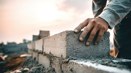 A laborer expertly places a concrete block at a construction site during sunset. The scene captures the dedication and skill involved in masonry work.の素材