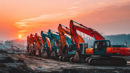 A captivating view of excavators lined up on a construction site at sunset, showcasing vibrant colors and industrial strength against a scenic backdrop.の素材