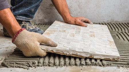 A skilled worker carefully places a tile onto an even layer of cement in a renovation project, showcasing precise technique and attention to detail.の素材