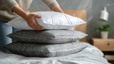 A serene bedroom scene showcasing a person stacking soft pillows on a neatly made bed, emphasizing comfort and stylish interior design. Ideal for home decor themes.の素材