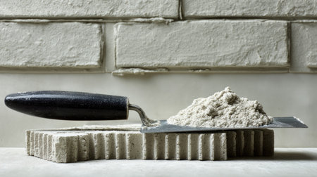 This image showcases a trowel resting beside a pile of cement mix on a textured surface, highlighting tools essential for construction and renovation tasks.の素材