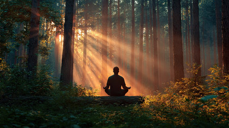 A peaceful individual practices meditation in a serene forest. Sunlight beams through tall trees, casting a warm glow on the tranquil surroundings, creating a perfect environment for reflection and relaxation.の素材