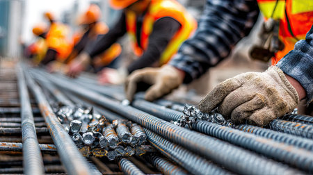 Diverse construction workers are focused on handling steel rebar at a job site, wearing safety gear and gloves while ensuring effective teamwork and precision.の素材