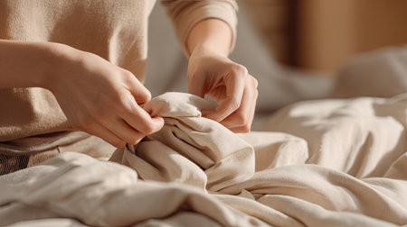 A close-up of hands expertly arranging soft cream colored fabric on a bed, showcasing a tranquil indoor environment illuminated by warm natural light.の素材