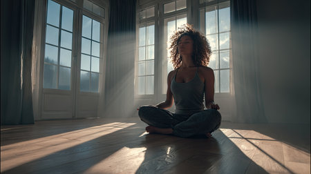 A young woman sits cross-legged in a sunlit room, surrounded by soft light and elegant windows. She embodies serenity and tranquility, promoting mindfulness and self-care.の素材