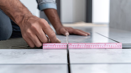 A skilled worker carefully measures the spacing while installing floor tiles in a modern interior. This image highlights precision and attention to detail in home renovation.の素材