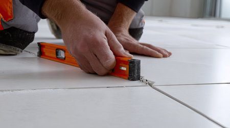 A dedicated worker carefully checks the alignment of white floor tiles using a spirit level tool at a construction site, showcasing precision and craftsmanship.の素材