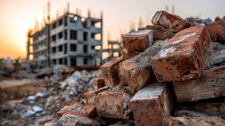A close-up view of a construction site displaying stacked bricks and an abandoned building during a stunning sunset, highlighting urban decay.の素材