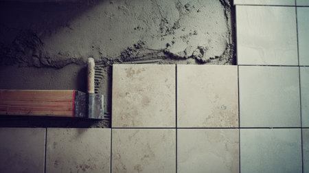 This image showcases the tile installation process, featuring a trowel smoothing cement with evenly placed tiles on a floor. Ideal for construction themes.の素材