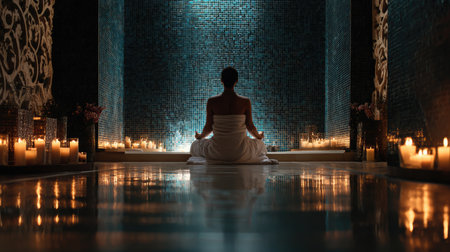 A serene woman sits in meditation within a tranquil spa, surrounded by flickering candles and stunning mosaic walls. The soft lighting creates a peaceful atmosphere, ideal for relaxation and mindfulness.の素材