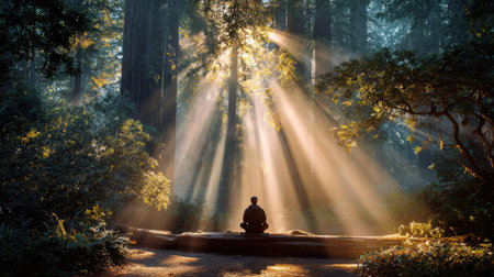 A tranquil scene depicting a person meditating in a lush redwood forest, illuminated by gentle sunlight streaming through the trees, promoting inner peace and mindfulness.の素材