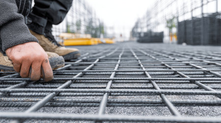 A detailed image capturing a construction worker's hand adjusting steel reinforcement mesh on a building site, highlighting craftsmanship and focus.の素材