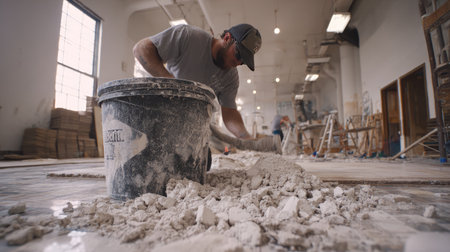 A focused worker is mixing material on a construction site, surrounded by dust and tools, showcasing dedication and skilled craftsmanship in action.の素材