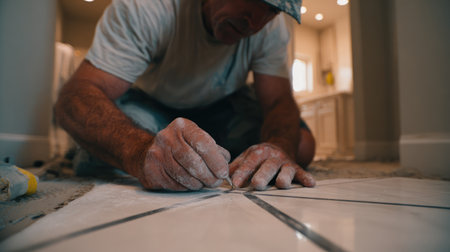 A skilled tile installer meticulously aligns grout lines while laying marble tiles in a beautifully renovated residential space. The focus on detail highlights the craftsmanship involved in home improvement projects.の素材