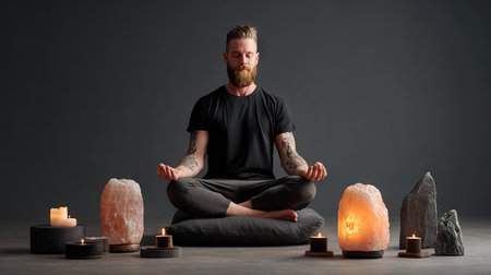 A man sits cross-legged in a tranquil indoor setting, surrounded by natural stones and softly glowing candles. The serene atmosphere invites peace and mindfulness.の素材