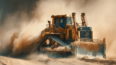 A powerful bulldozer operates at a construction site, moving sand while creating dramatic dust clouds. This image captures industrial progress and activity.の素材