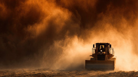 A heavy machinery piece operates vigorously at sunset, creating stunning dust clouds that illuminate the industrial scene with dramatic lighting and atmosphere.の素材