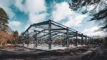 A steel framework construction site captures the ongoing development in a serene forest area, showcasing the contrast between steel and nature.の素材