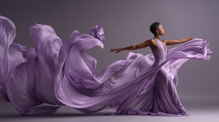 A stunning image of a dancer in a flowing lilac dress, capturing the essence of grace and elegance through dynamic movement and artistic expression.の素材