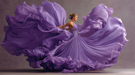 A stunning dancer in a flowing lavender dress captures the essence of elegance and grace. The dynamic movement of the fabric creates a visually striking image that embodies beauty and artistry.の素材