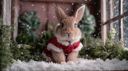 An adorable bunny dressed in a red holiday sweater sits charmingly in a snowy indoor setting adorned with evergreen decor, creating a cozy festive atmosphere.の素材