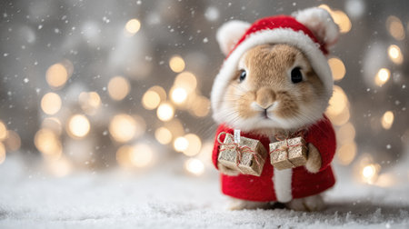 This charming image features a cute bunny dressed in a Santa suit, holding tiny gifts amid a snowy backdrop and soft glimmering lights. Perfect for holiday themes.の素材