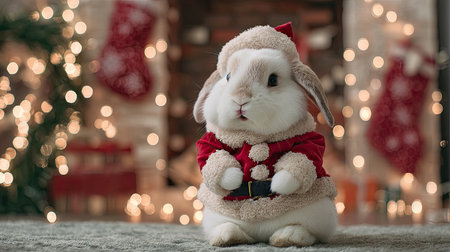 This charming image features an adorable rabbit dressed in a festive Santa outfit, surrounded by glowing Christmas lights and cheerful holiday decorations.の素材