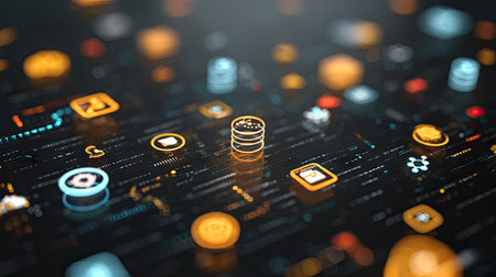 Explore a vibrant digital landscape filled with colorful icons and symbols, representing technology and connectivity in a modern data-driven environment.の素材