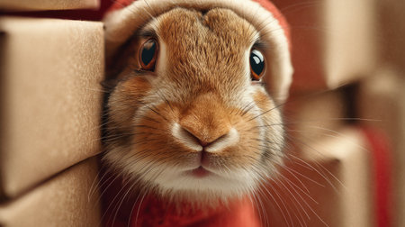 An adorable rabbit dressed in a festive Santa costume gazes curiously from behind wooden blocks, evoking the joy and warmth of the holiday season.の素材